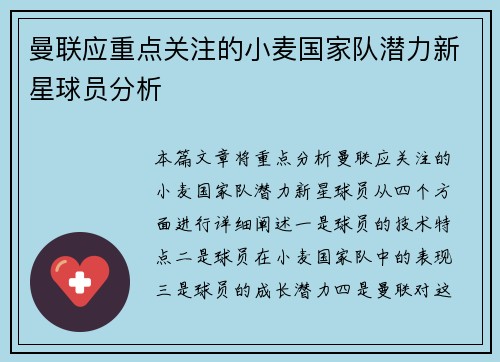 曼联应重点关注的小麦国家队潜力新星球员分析
